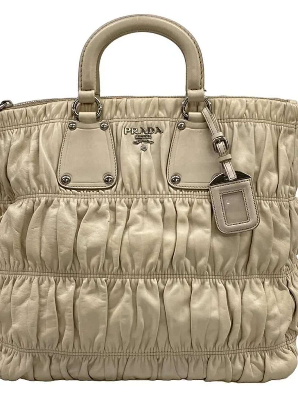 PRADA Gathered Bag BN1935 Gray Beige Leather Handbag